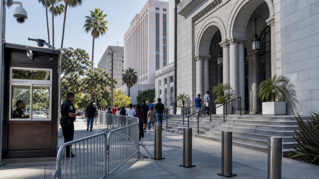 Civic building security with controlled access and camera coverage